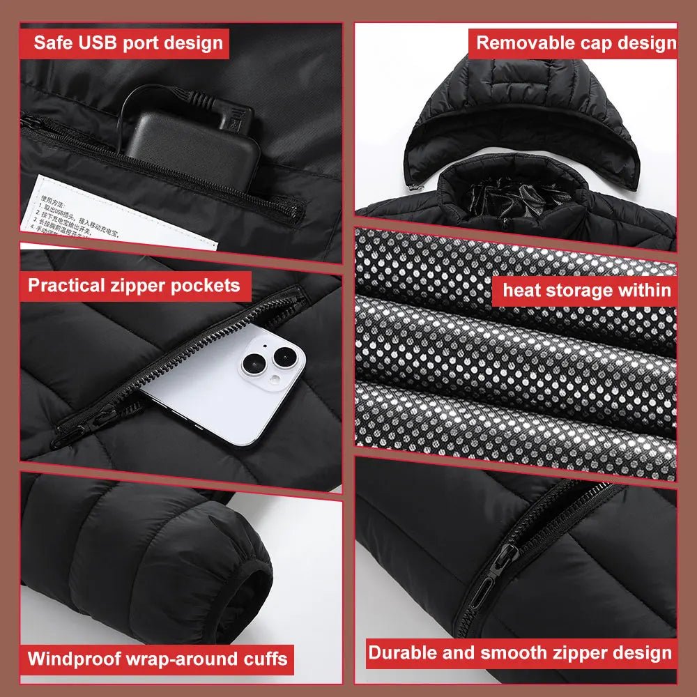 21 Areas Heating Jackets Smart Thermostat Pure Color Hooded Heated Clothing Winter USB Electric Heated Coat Self Heating Clothes