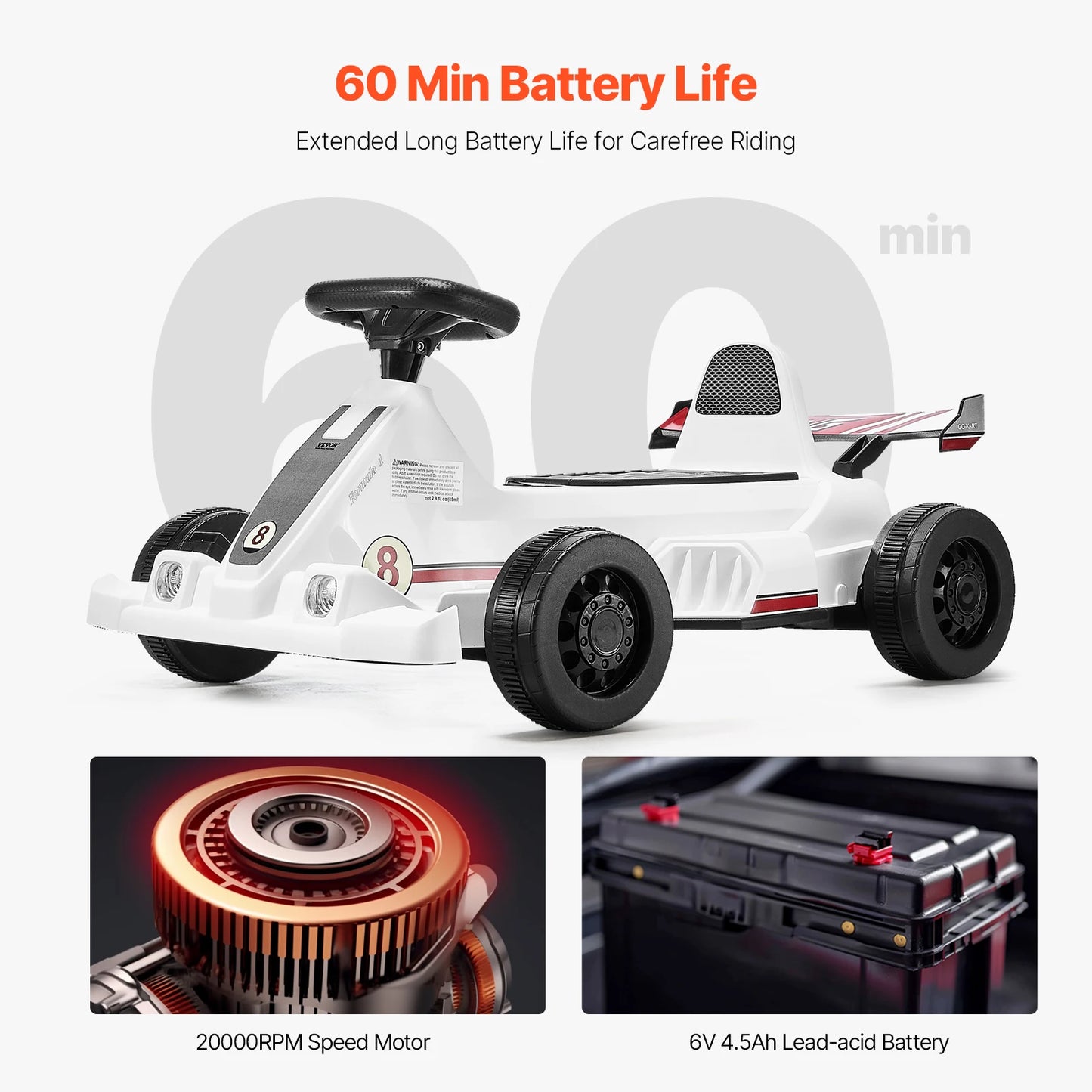 SucceBuy 6V 4.5Ah Electric Pedal Go Kart Portable Outdoor Racing Toys 20000 RPM Motor with LED Headlight&Horn for Kids Boy Gifts