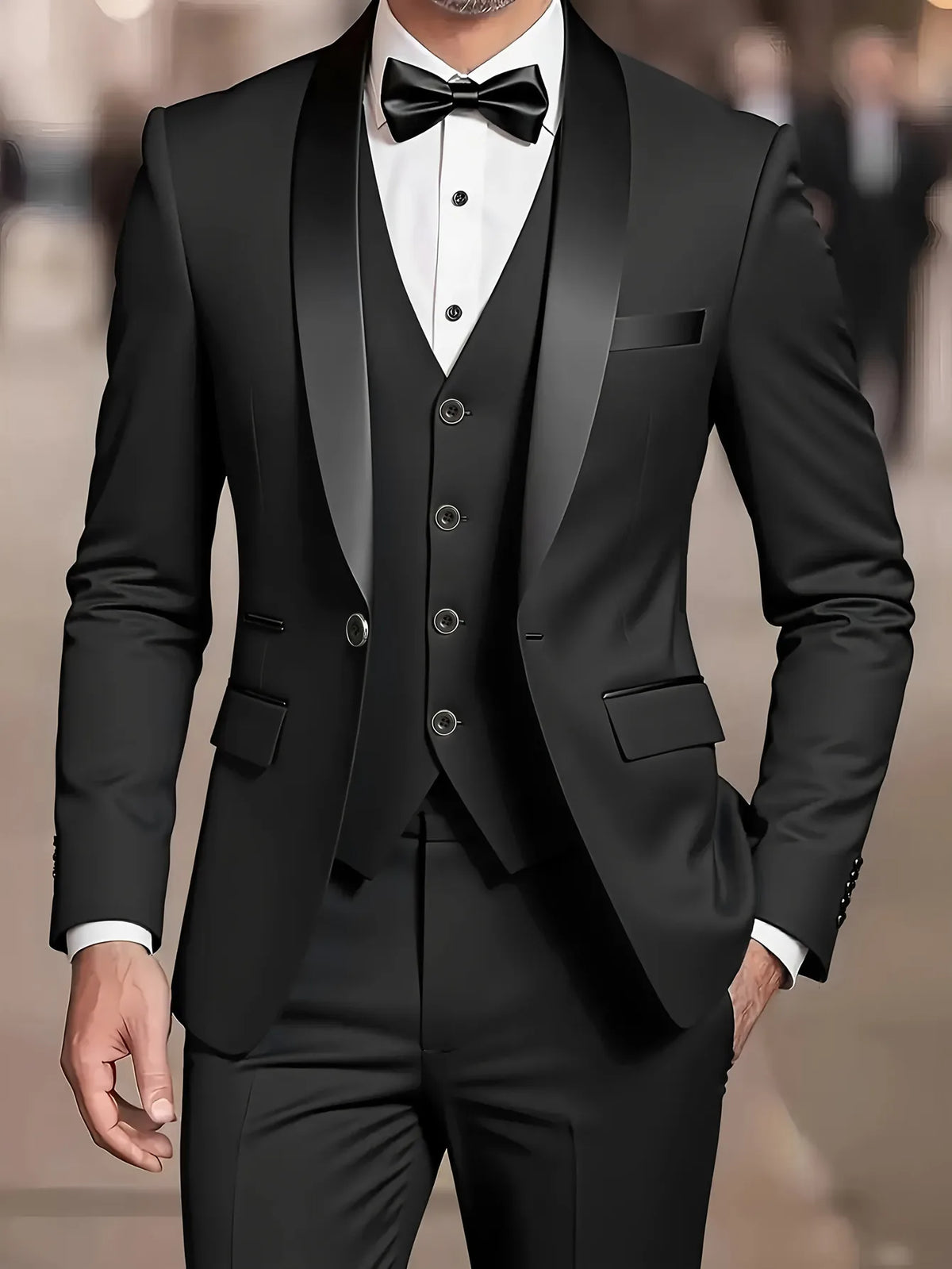 Men's Wedding Best Man Dress Suit | New Business Casual Suit Set, Regular Fit, Lapel Collar, Solid Color, Button Details