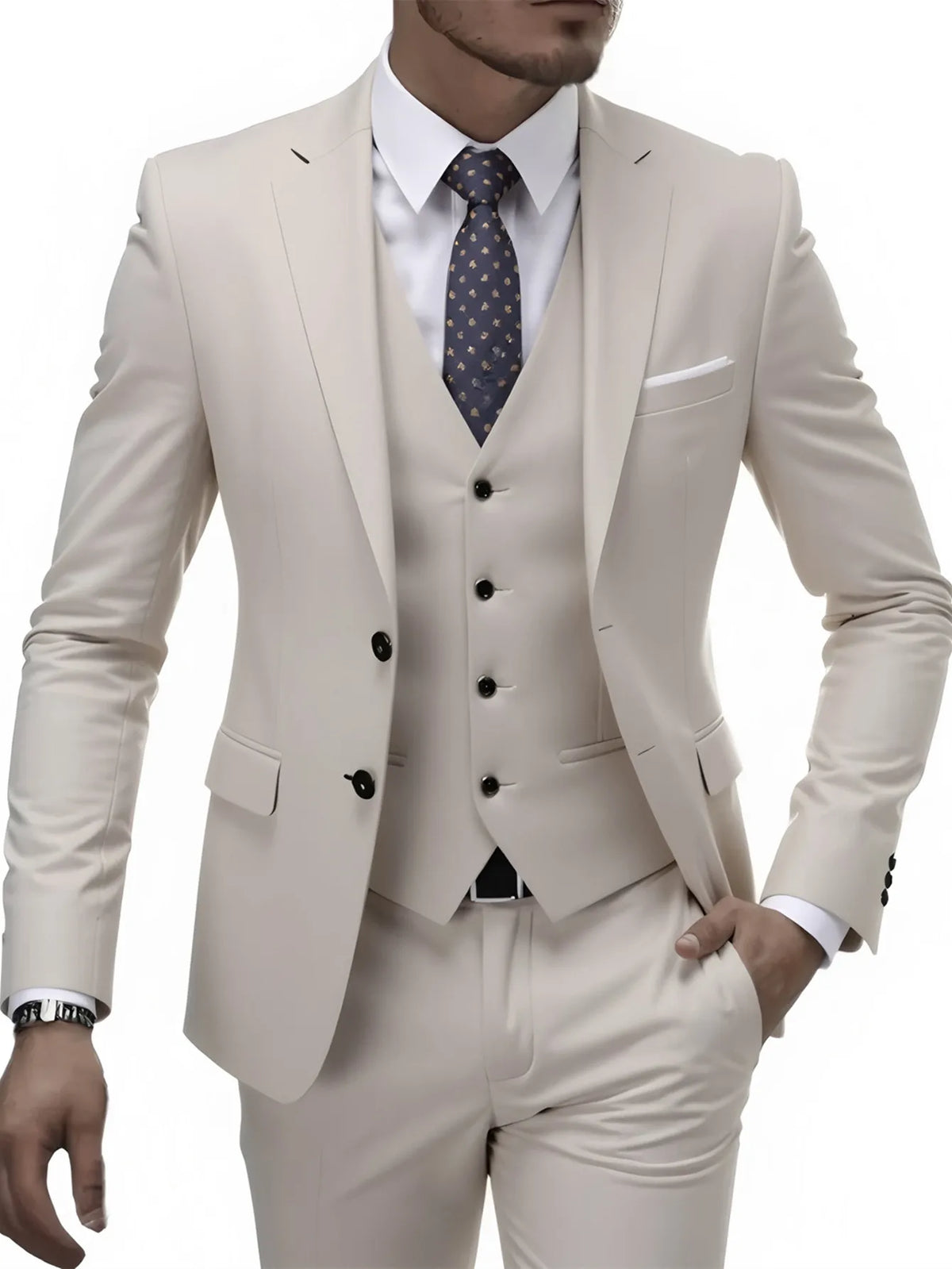 Men's Wedding Best Man Dress Suit | New Business Casual Suit Set, Regular Fit, Lapel Collar, Solid Color, Button Details