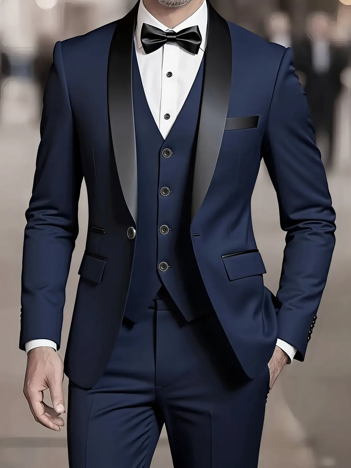 Men's Wedding Best Man Dress Suit | New Business Casual Suit Set, Regular Fit, Lapel Collar, Solid Color, Button Details